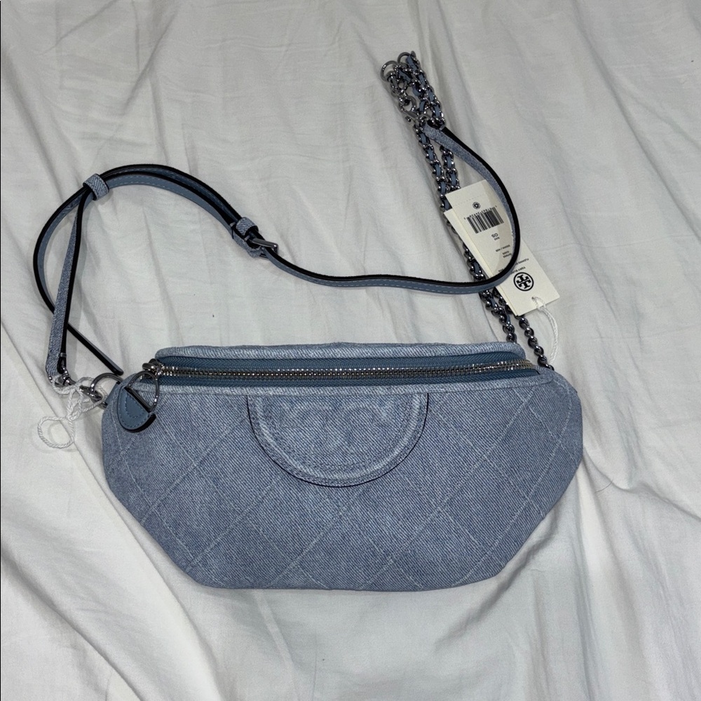 Tory Burch FLEMING SOFT DENIM-PRINT SUEDE BELT BAG